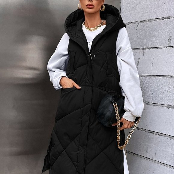 Black Casual Womens Pocket Zip Up Hooded Puffer Vest Coat - Picture 5 of 5